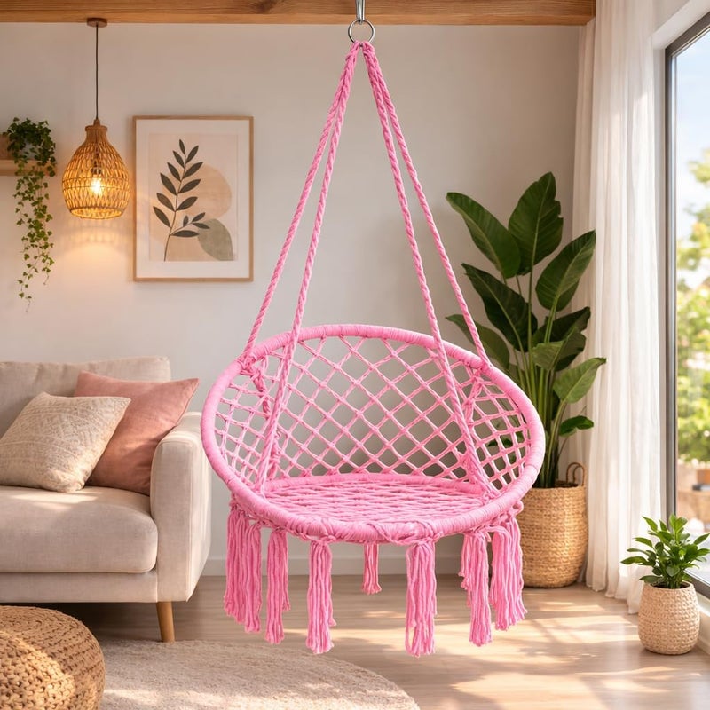 DEEP SLEEP Every Night Deep Sleep Macrame Hammock Swing Chair – Cozy Handmade Hanging Cotton Rope Chair for Indoor, Outdoor, Patio & Yard | Stylish & Durable Design (Pink) - Image 1