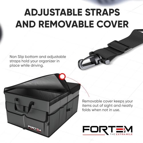 FORTEM منظم صندوق السيارة FORTEM، منظم SUV متعدد الأقسام قابل للطي، تخزين قابل للطي لملحقات السيارة للنساء والرجال، 600D أكسفورد، قاعدة غير قابلة للانزلاق، أحزمة تأمين، غطاء ناعم (65 لتر) - Image 5