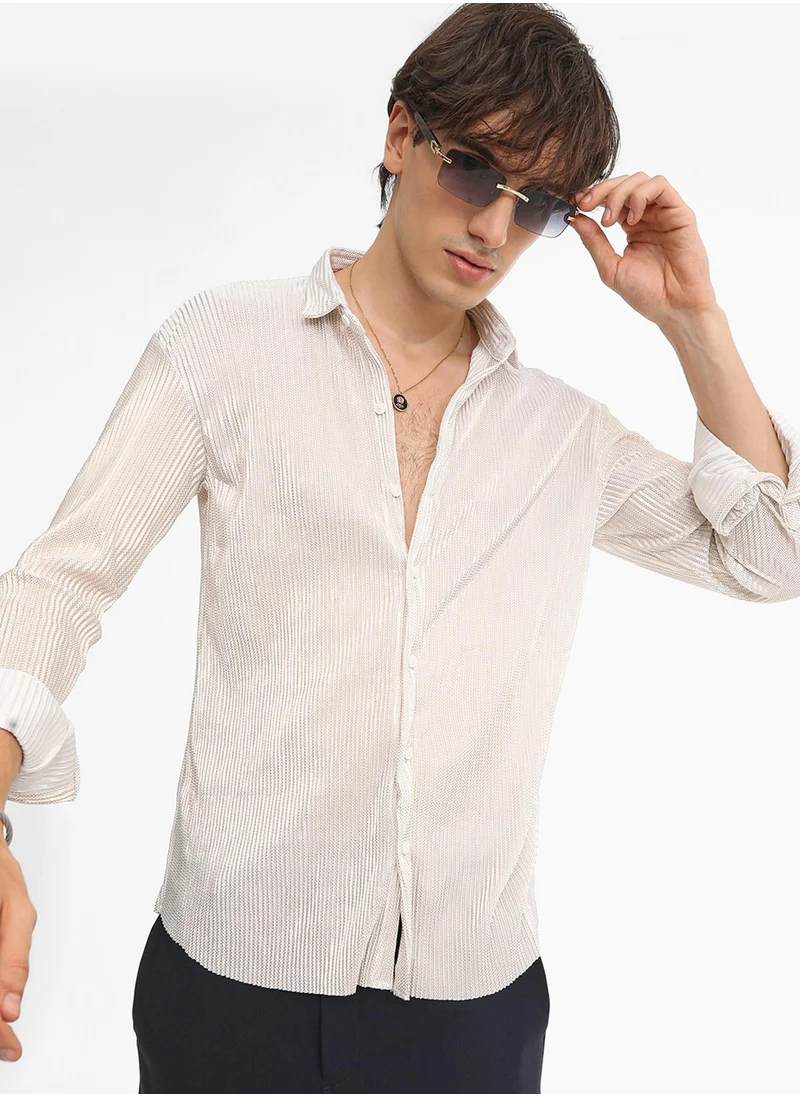 كامبوس سوترا Men's Daisy White Metallic Pleated Shirt
