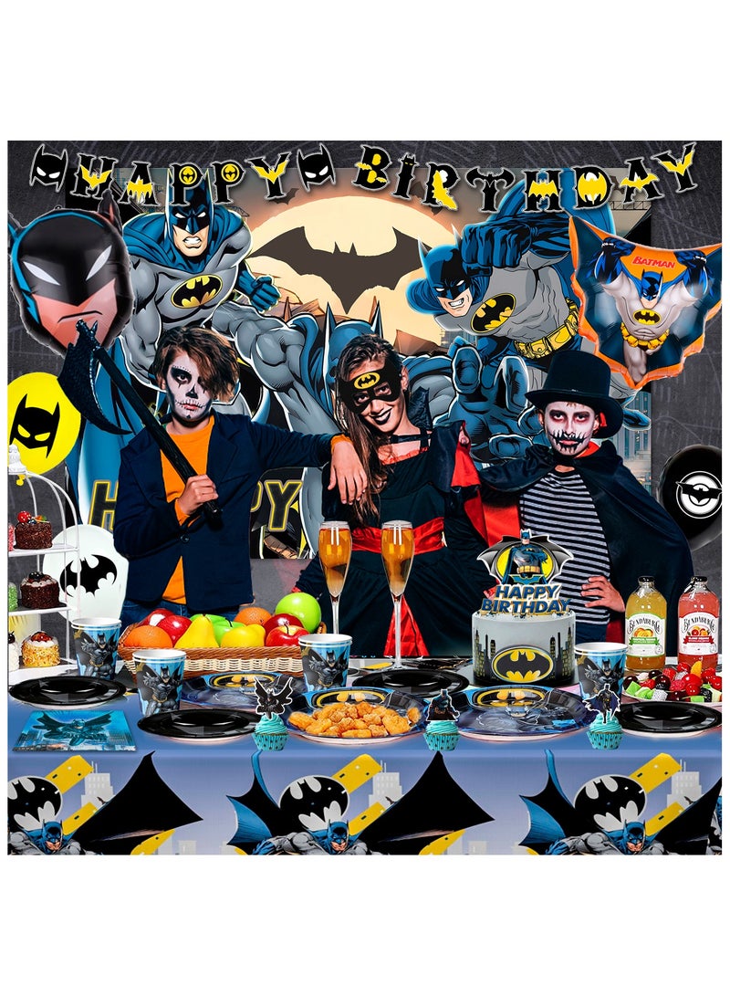 Batman Party Decorations for 10 Guests, Batman Birthday Disposable Tableware Set Batman Themed Balloons Banner Batman Tablecloth Paper Plates Cups etc Batman Birthday Party Supplies