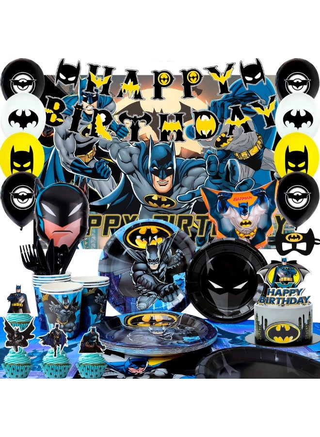 Batman Party Decorations for 10 Guests, Batman Birthday Disposable Tableware Set Batman Themed Balloons Banner Batman Tablecloth Paper Plates Cups etc Batman Birthday Party Supplies