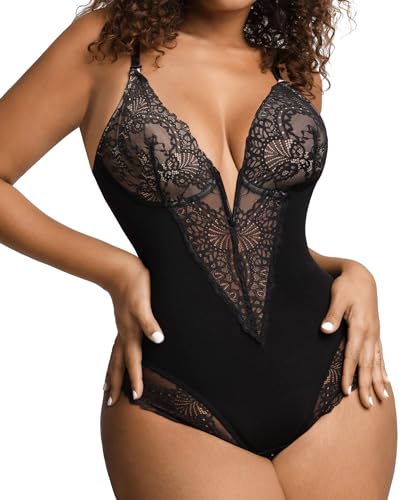 Popilush Bodysuit Shapewear Lace Body Suits Women Tummy Control V Neck Sleeveless Tops Low Back Bodysuits - Image 1