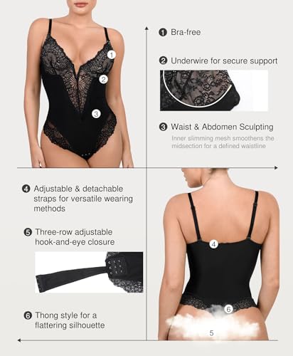 Popilush Bodysuit Shapewear Lace Body Suits Women Tummy Control V Neck Sleeveless Tops Low Back Bodysuits - Image 3