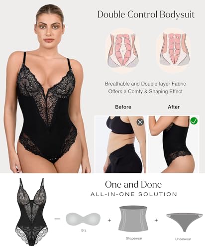 Popilush Bodysuit Shapewear Lace Body Suits Women Tummy Control V Neck Sleeveless Tops Low Back Bodysuits - Image 2