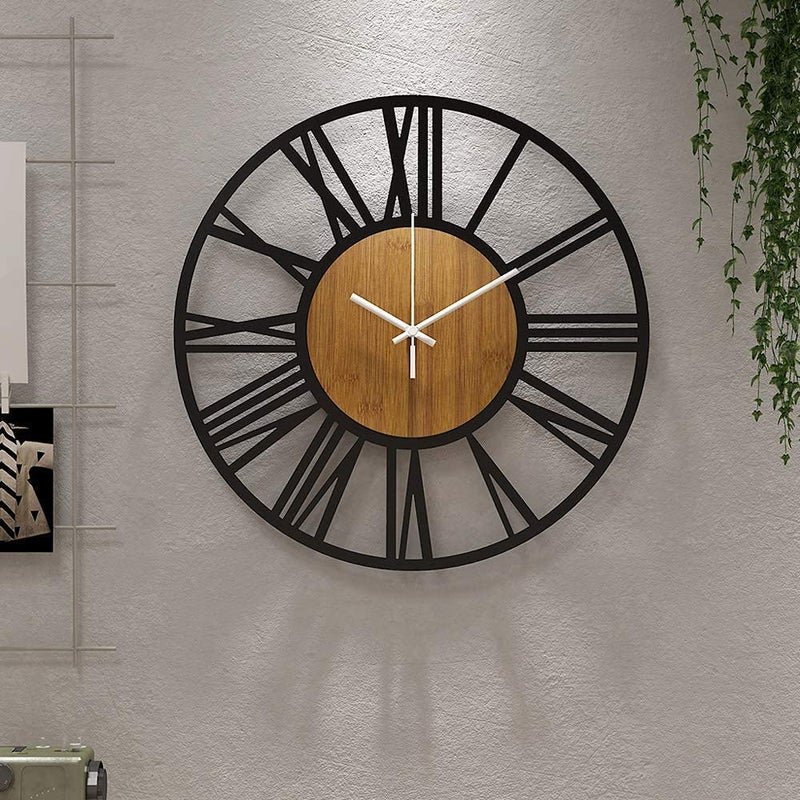ساعة حائط مملوكة 1st لتزيين غرفة المعيشة 16 Vintage Round Silent Non Ticking Black Metal Modern Wood Clocks for Home Bedroom Kitchen Garden Office Cafe Modern Wall Decoration Roman Numerals