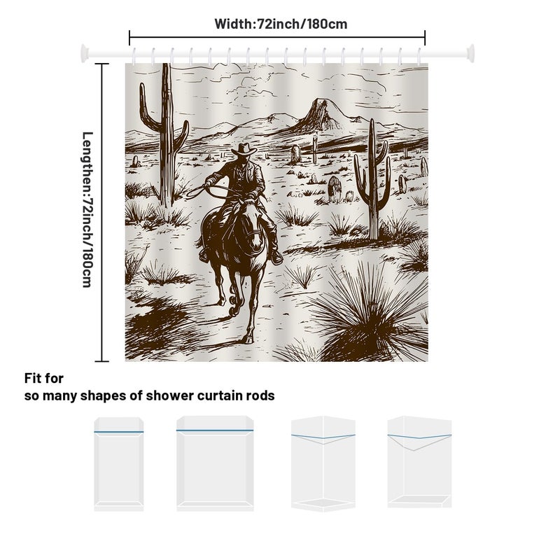 She Love Western Cowboy Shower Curtain Cowboy Riding Horse in Desert Retro Rustic Cactus Vintage Farmhouse Shower Curtain with Hooks 72x72 Inch Waterproof Polyester Bathroom Curtain (Retro Cowboy) - Image 2