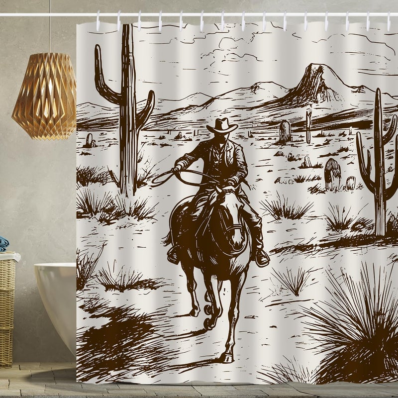 She Love Western Cowboy Shower Curtain Cowboy Riding Horse in Desert Retro Rustic Cactus Vintage Farmhouse Shower Curtain with Hooks 72x72 Inch Waterproof Polyester Bathroom Curtain (Retro Cowboy) - Image 1