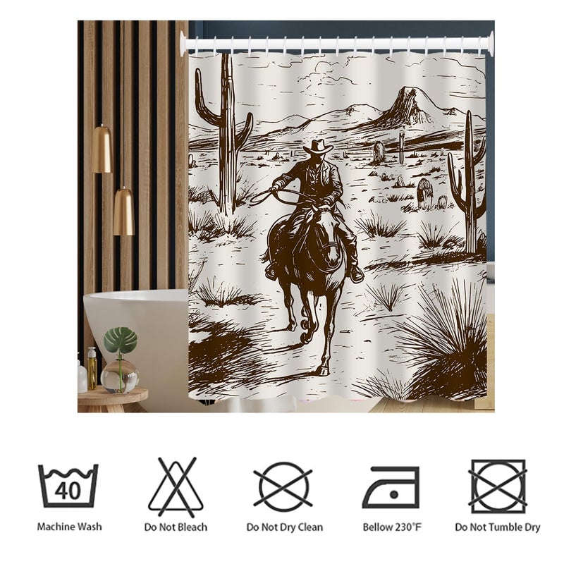 She Love Western Cowboy Shower Curtain Cowboy Riding Horse in Desert Retro Rustic Cactus Vintage Farmhouse Shower Curtain with Hooks 72x72 Inch Waterproof Polyester Bathroom Curtain (Retro Cowboy) - Image 3