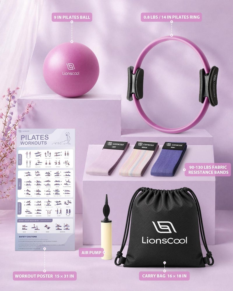 LIONSCOOL Pilates Ring Set - 14" Pilates Ring, 9" Mini Ball & 3 Resistance Bands - Image 2