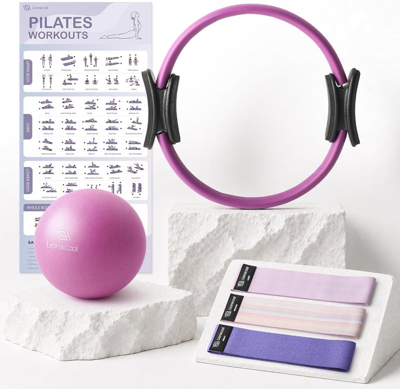 LIONSCOOL Pilates Ring Set - 14" Pilates Ring, 9" Mini Ball & 3 Resistance Bands - Image 1