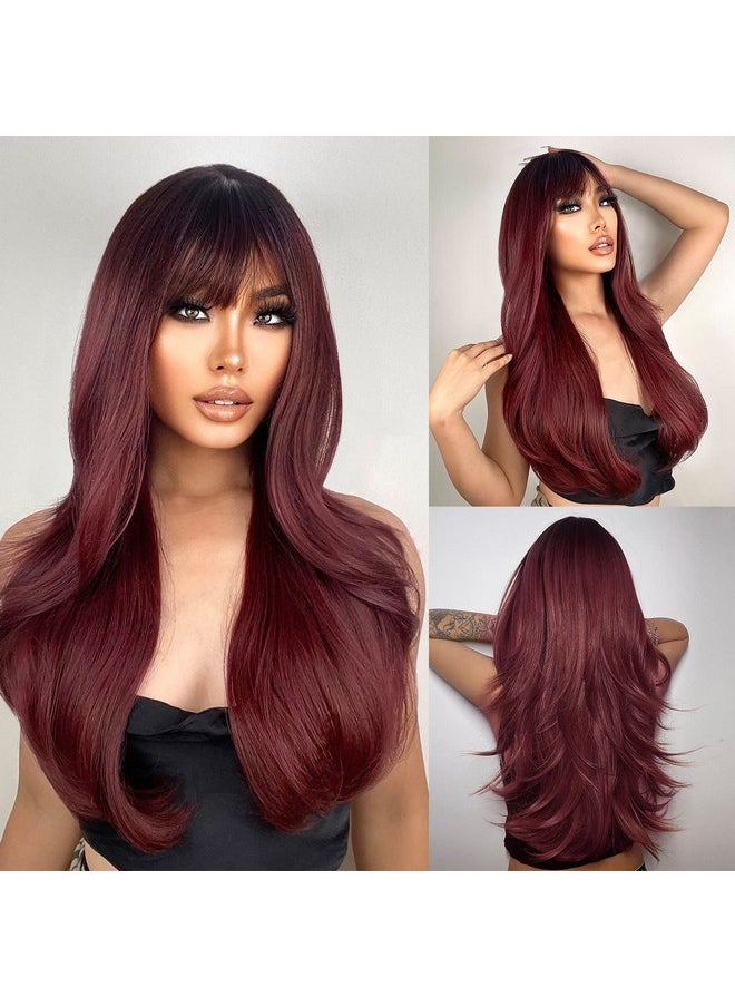 Burgundy Wigs With Bangs Wine Red Ombre Wigs For Women Long Layered Wigs With Dark Roots Synthetic Heat Resistant Wigs For Daily Party Use - pzsku/Z19C01FBFC04CA0CD1F8EZ/45/_/1719052346/5fdb0f42-6c59-492d-a970-838daa41e654