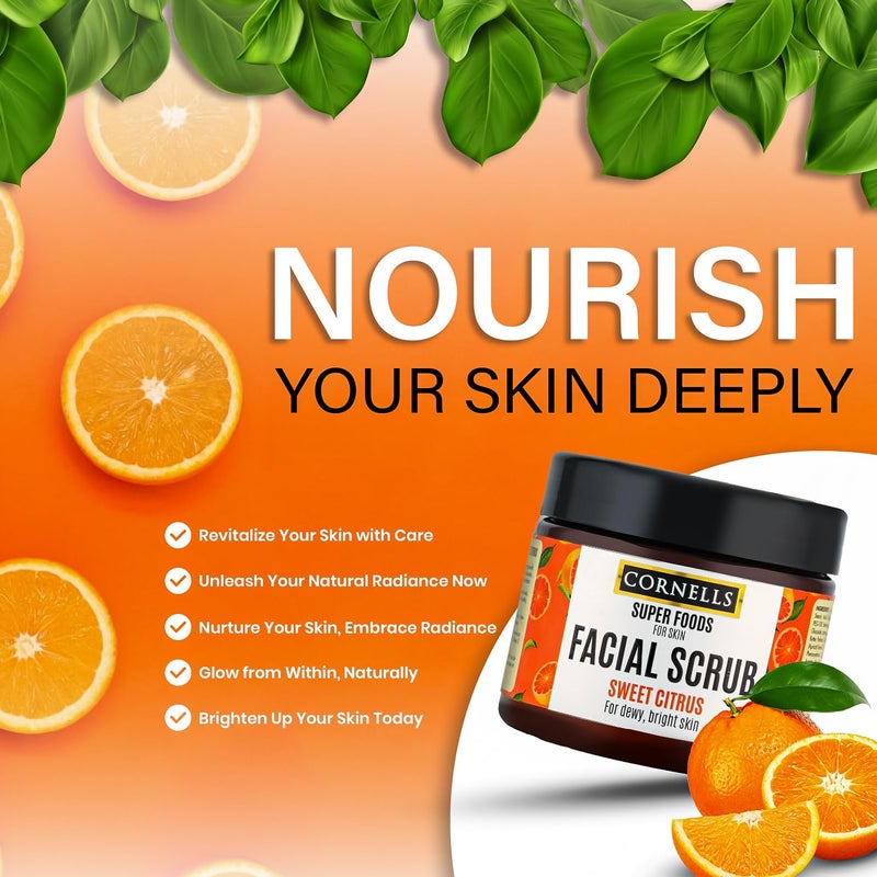 CORNELLS WELLNESS CORNELLS Super Foods Sweet Citrus Face Scrub for Dewy & Bright Skin | For Men & Women Brightens, Smoothens, and Nourishes Skin | Vegan & Cruelty-Free - 330ml - Image 3