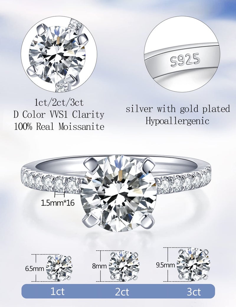 IMOLOVE Moissanite Engagement Ring for Women 2CT Promise Rings Sterling Silver with White Gold Plated-70B - Image 2