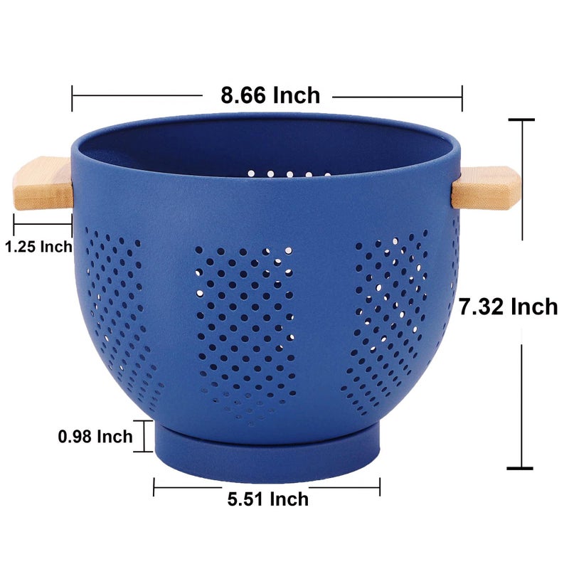BeFare Metal Colander with Wood Handle, 5.5 Quart Powder Coated Steel Large Kitchen Strainer Stable Base,(Deep Blue, 11.26inch) - Image 2