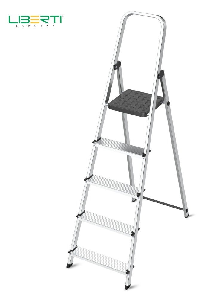 LIBERTI 5-Step Aluminium Folding Ladder with Safety Handle, 150kg Capacity - Image 1