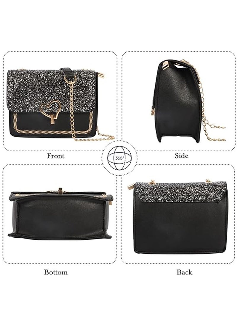 Crossbody Bag Black Crossbody Phone Bags, Small Crossbody Bag for Teenage Girls, Glitter Shoulder Bags with Detachable Strap Heart Decor for School