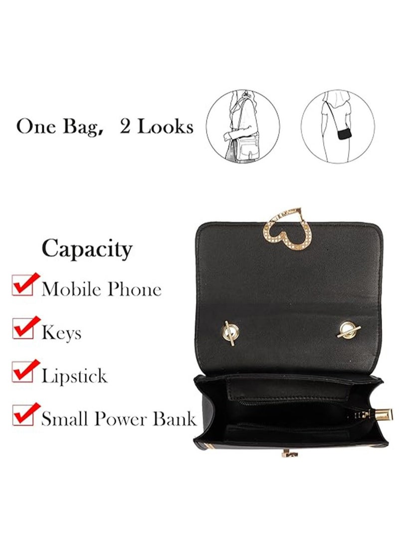 Crossbody Bag Black Crossbody Phone Bags, Small Crossbody Bag for Teenage Girls, Glitter Shoulder Bags with Detachable Strap Heart Decor for School
