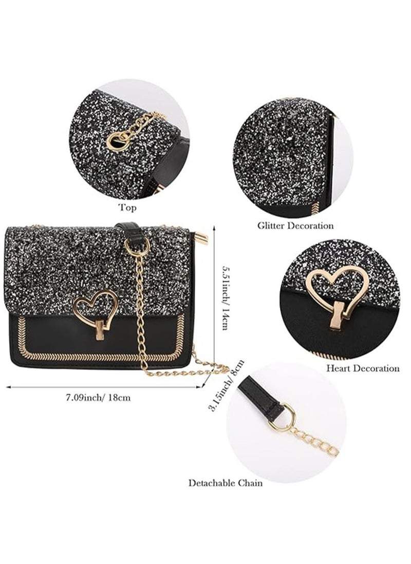 Crossbody Bag Black Crossbody Phone Bags, Small Crossbody Bag for Teenage Girls, Glitter Shoulder Bags with Detachable Strap Heart Decor for School