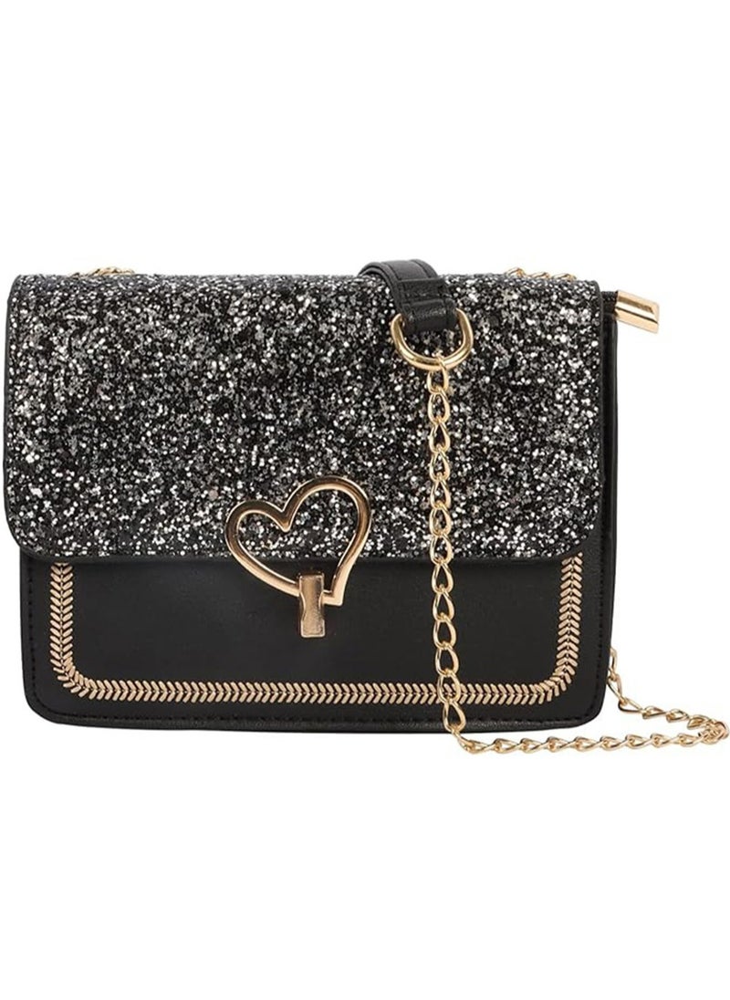 Crossbody Bag Black Crossbody Phone Bags, Small Crossbody Bag for Teenage Girls, Glitter Shoulder Bags with Detachable Strap Heart Decor for School
