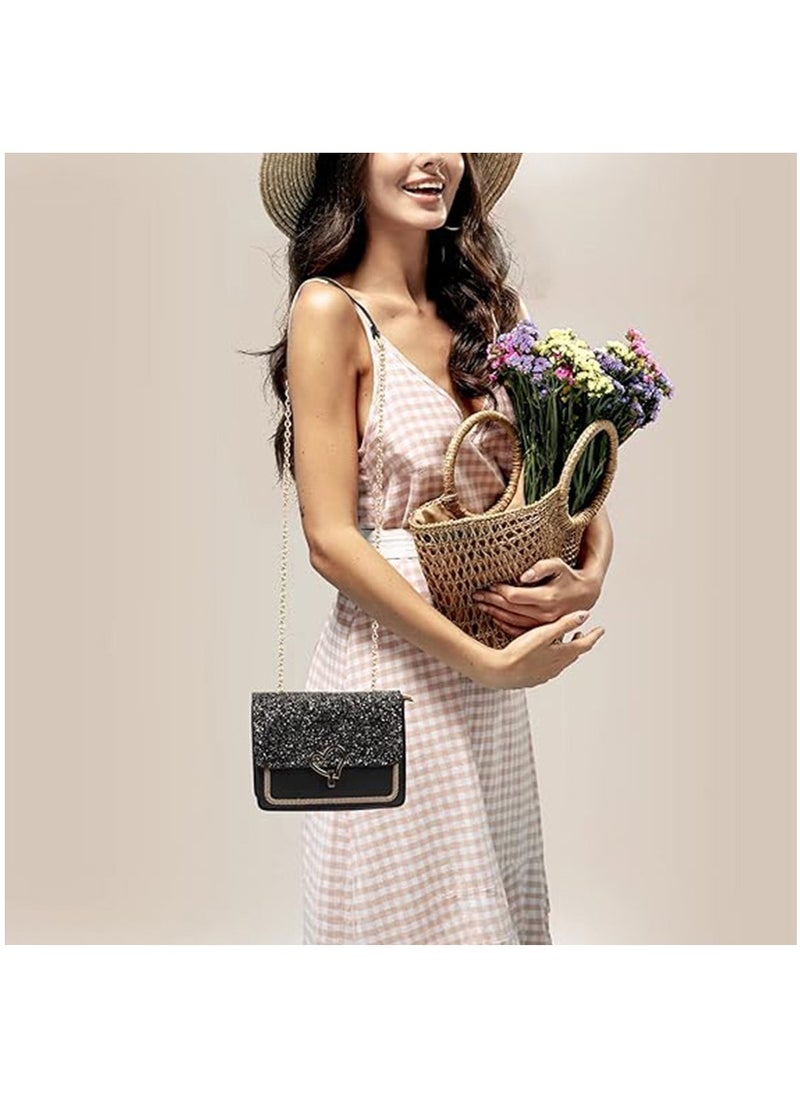 Crossbody Bag Black Crossbody Phone Bags, Small Crossbody Bag for Teenage Girls, Glitter Shoulder Bags with Detachable Strap Heart Decor for School