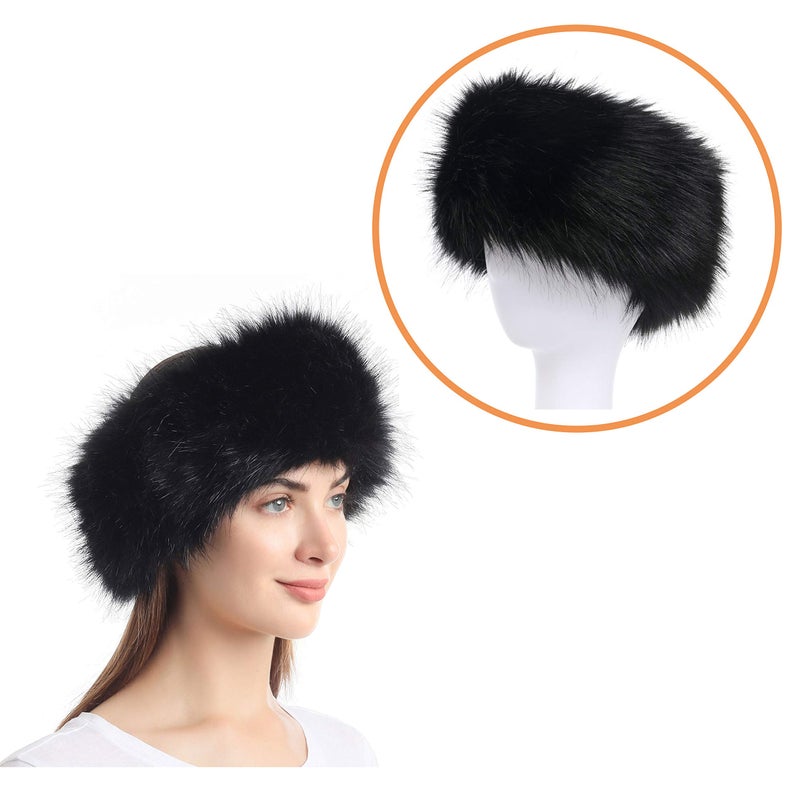 LA CARRIE Faux Fur Headband with Stretch Women's Winter Earwarmer Earmuff (Black & White) - Image 2