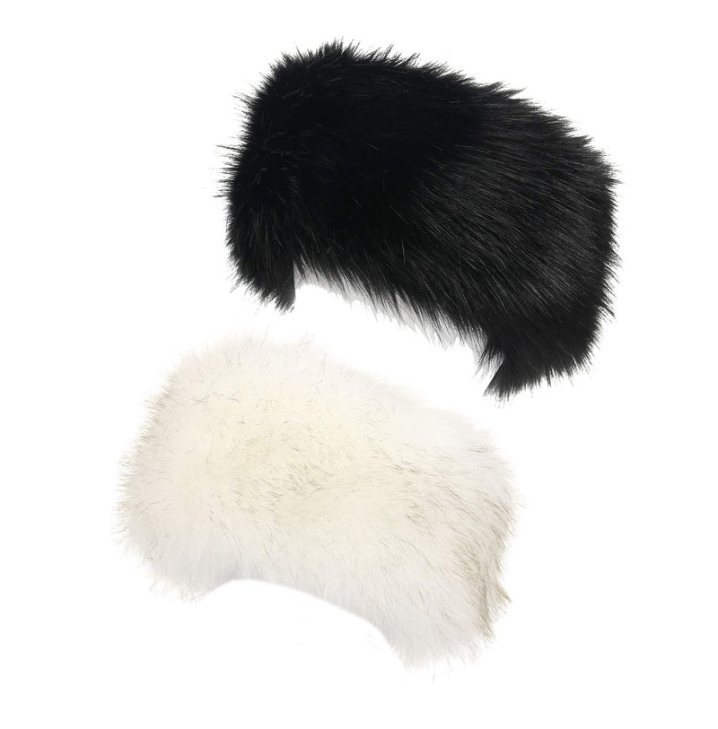 LA CARRIE Faux Fur Headband with Stretch Women's Winter Earwarmer Earmuff (Black & White) - Image 1