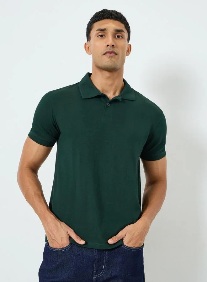 Styli Men Green Cotton Relaxed Fit Polo