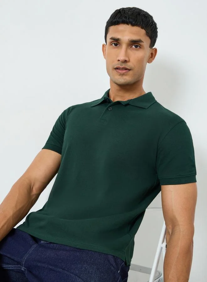 Styli Men Green Cotton Relaxed Fit Polo