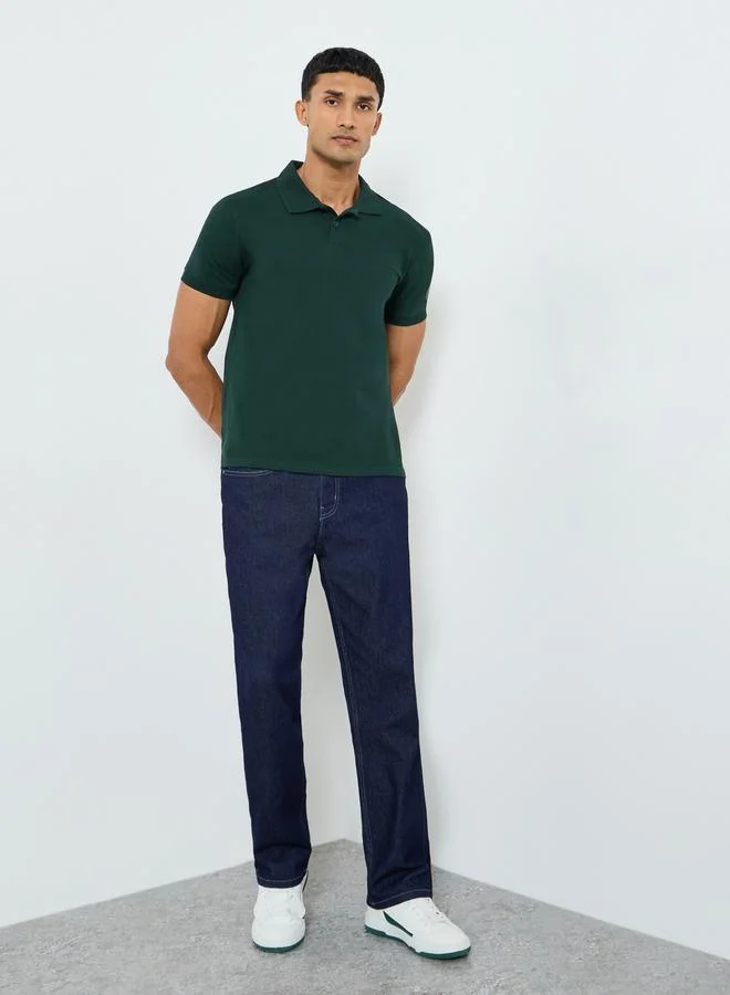 Styli Men Green Cotton Relaxed Fit Polo