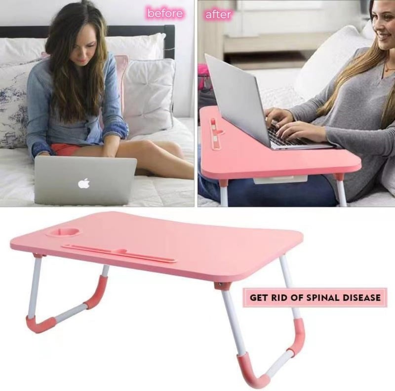 Kylinbigda Laptop Desk Foldable Bed Table, Portable Lap Desk Laptop Bed Tray Table with Storage Drawer and Cup Holder, Lap Tray Table Notebook Stand Reading Desk Breakfast Tray for Bed Couch Sofa Floor – Pink - Image 3