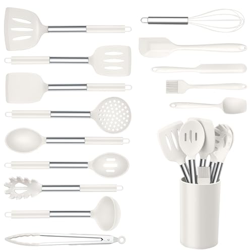 Onader Silicone Kitchen Utensils Set 15pcs White Silicone Cooking Utensils Set with Holder Includes Heat Resistant Spatula Turner Spoon Whisk Tong - Image 1