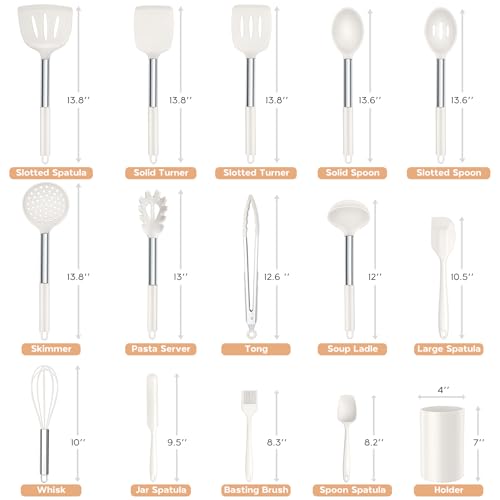 Onader Silicone Kitchen Utensils Set 15pcs White Silicone Cooking Utensils Set with Holder Includes Heat Resistant Spatula Turner Spoon Whisk Tong - Image 3