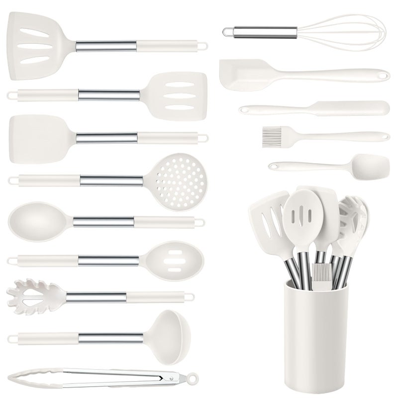 Onader Silicone Kitchen Utensils Set 15pcs White Silicone Cooking Utensils Set with Holder Includes Heat Resistant Spatula Turner Spoon Whisk Tong - Image 2