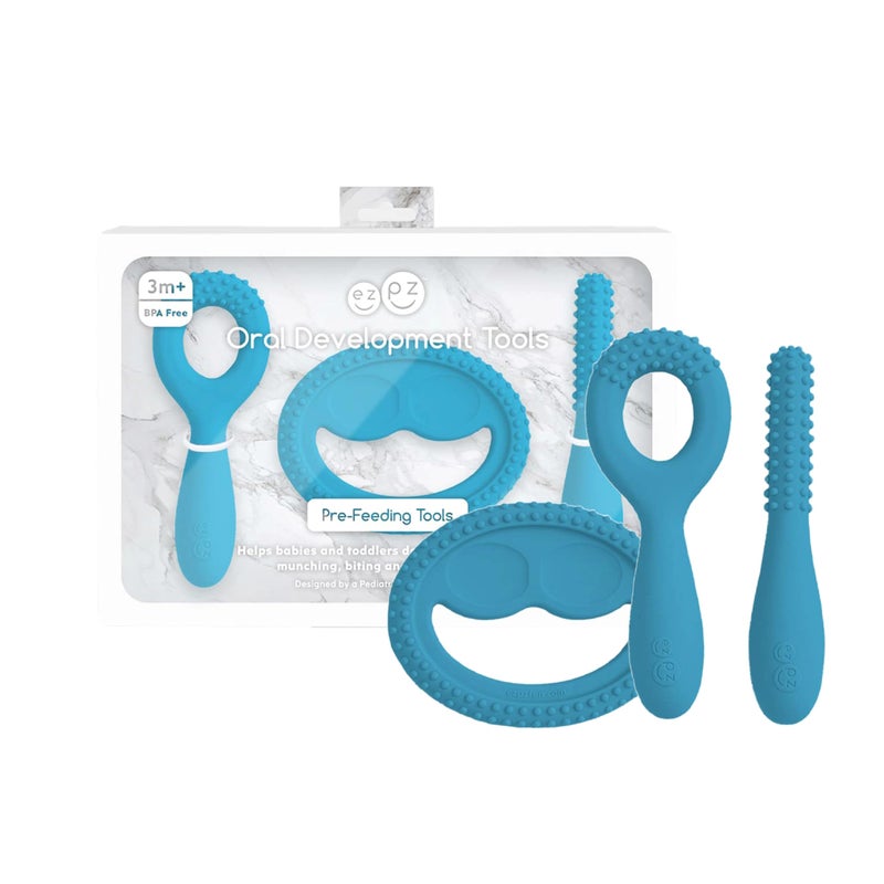 ezpz ezpz Oral Development Tools 3 Months 3 Pack in Blue NonSlip Loop Smile and Stick 100 Silicone Tools to Practice Feeding Chewing Sensory Bumps Dishwasher Safe 
