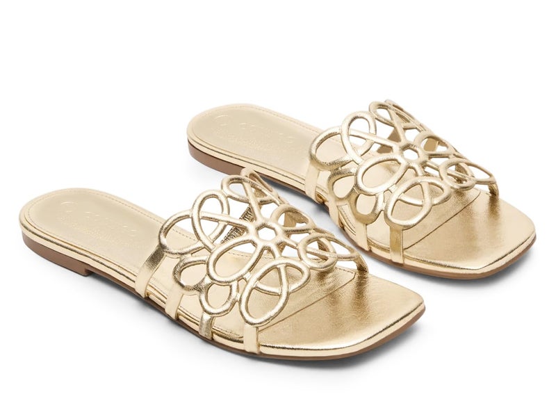 Coutgo Womens Flat Sandals Comfortable Square Open Toe Slides Slip On Summer Dressy Beach Shoes, Light Gold, size 8 - Image 1