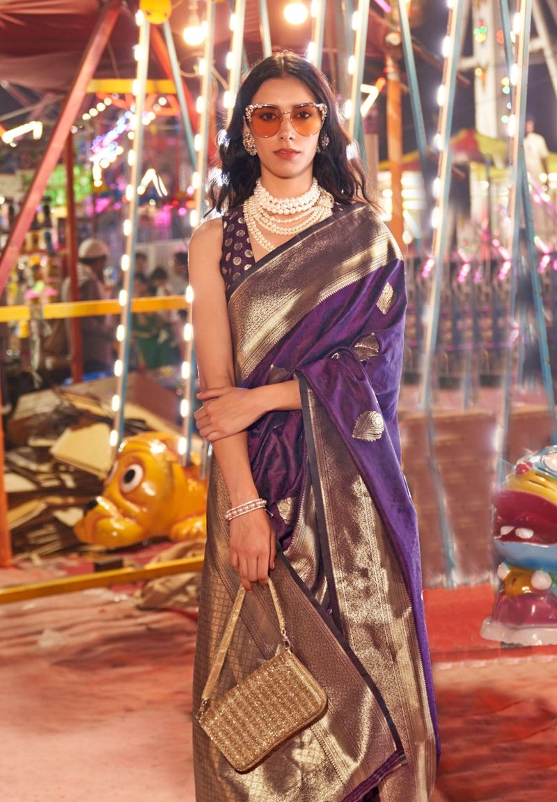 SGF11 Women's Kanjivaram Pure Soft Silk Handloom Saree For Women Pure Zari With Blouse Piece (Purple) - Image 4