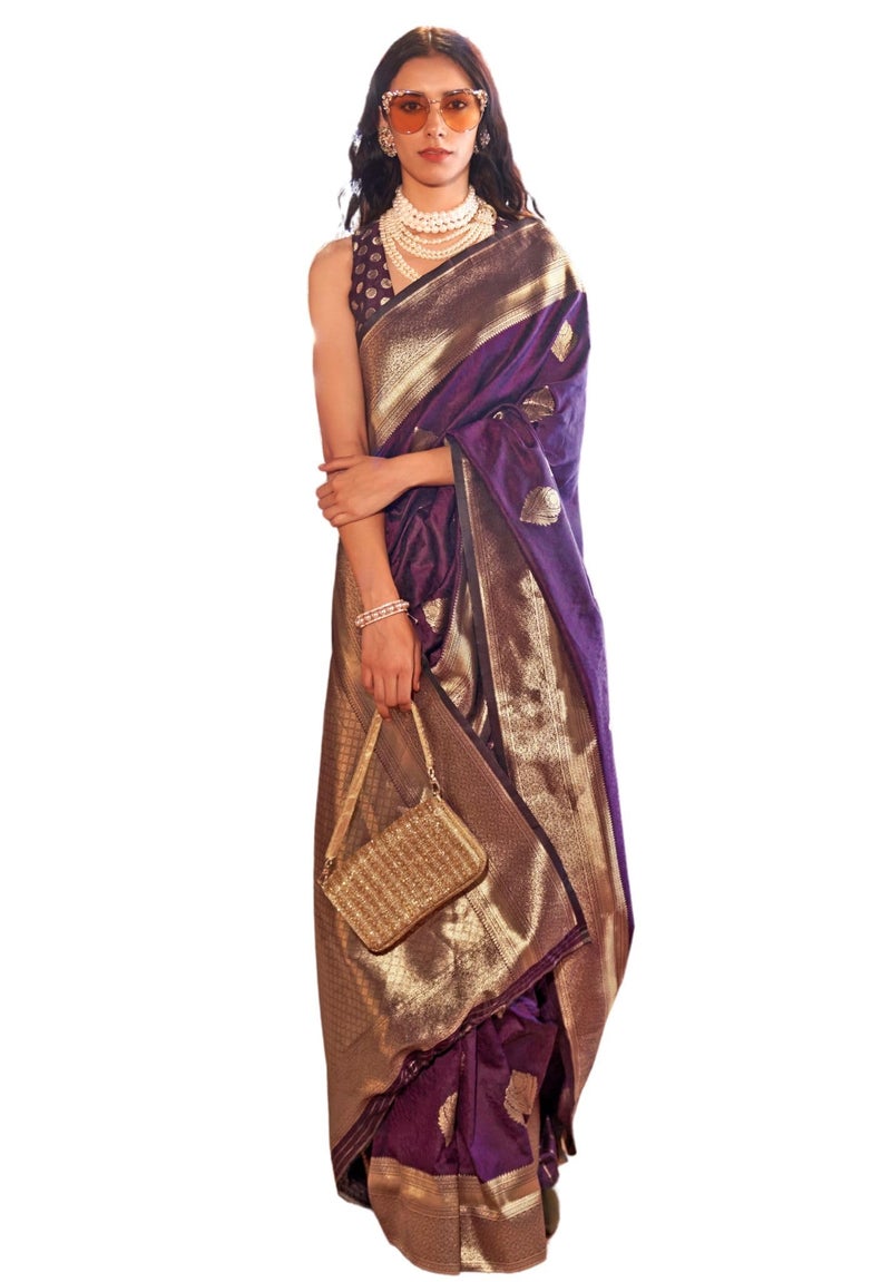 SGF11 Women's Kanjivaram Pure Soft Silk Handloom Saree For Women Pure Zari With Blouse Piece (Purple) - Image 5