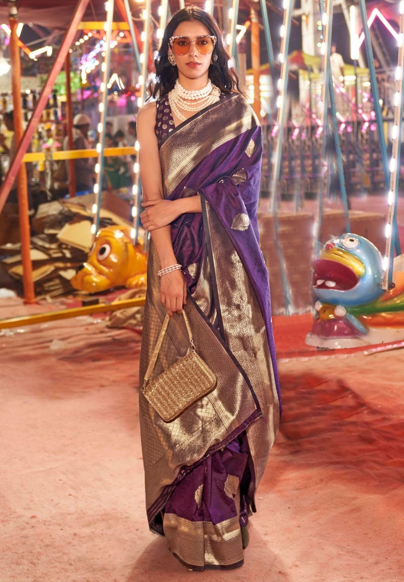 SGF11 Women's Kanjivaram Pure Soft Silk Handloom Saree For Women Pure Zari With Blouse Piece (Purple) - Image 2