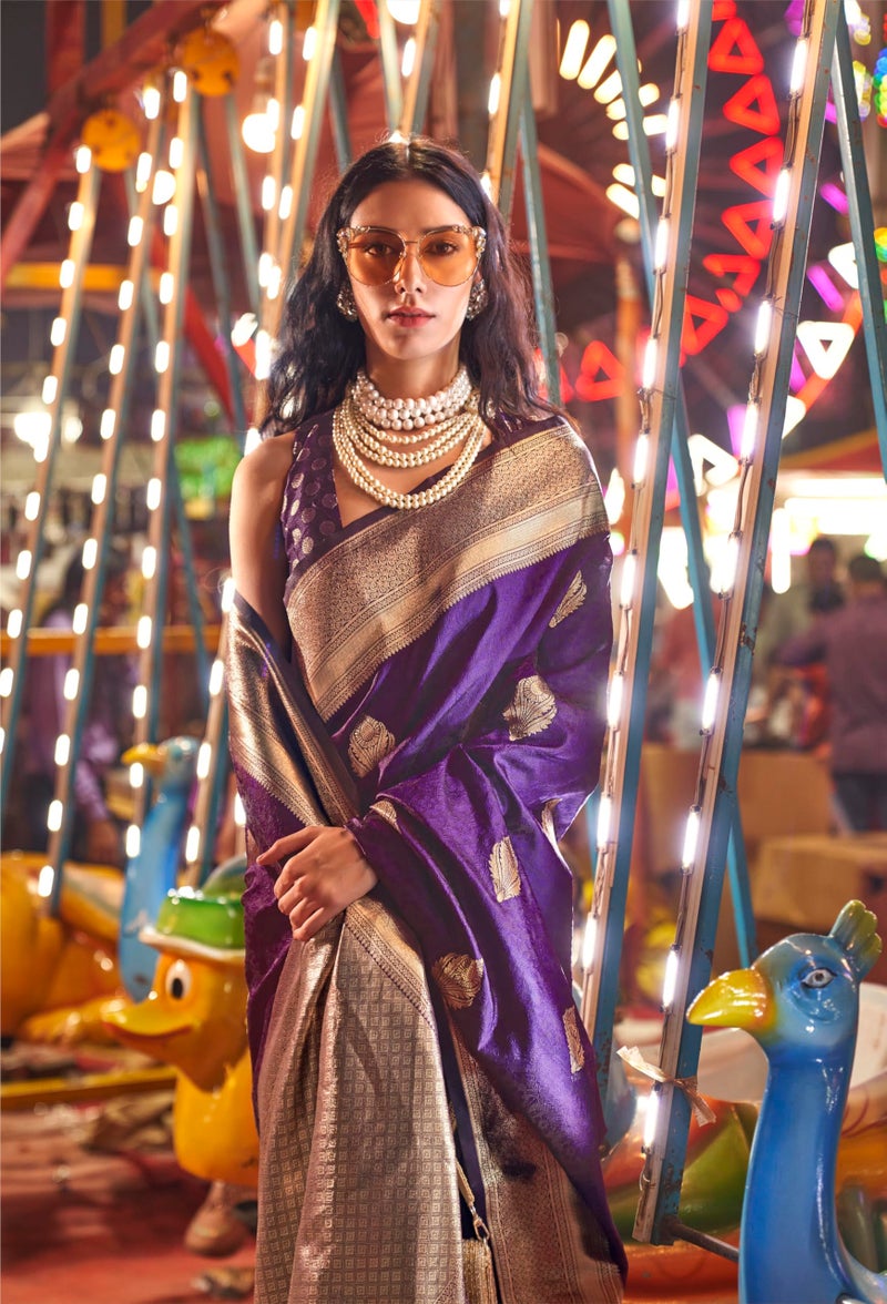 SGF11 Women's Kanjivaram Pure Soft Silk Handloom Saree For Women Pure Zari With Blouse Piece (Purple) - Image 3