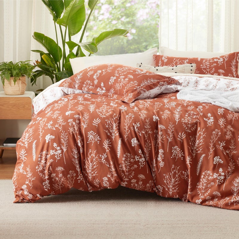 Bedsure Duvet Cover Queen Size Reversible Terracotta Queen Duvet Cover Set with Zipper Closure 3 Pieces Floral Patterned Bedding Set with 8 Corner Ties and 2 Pillow Shams