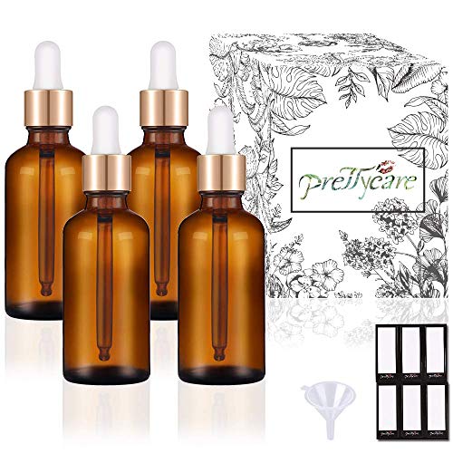 PrettyCare 4 Pack 1oz Dropper Bottle for Essential Oils 30 ml Amber Glass Essential Oils Bottles with Labels Funnels Empty Leak Proof Tincture Bottles for Comestic Beauty
