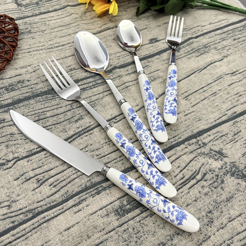 25 Pieces Blue and White Porcelain Cutlery Set with Dinner Fork Dinner Spoon Small Fork Small Spoon for Home Kitchen and Restaurant Use - Image 1