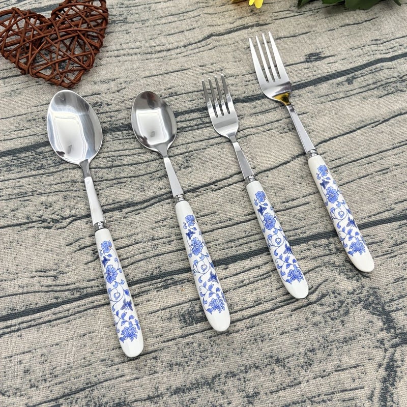 25 Pieces Blue and White Porcelain Cutlery Set with Dinner Fork Dinner Spoon Small Fork Small Spoon for Home Kitchen and Restaurant Use - Image 4
