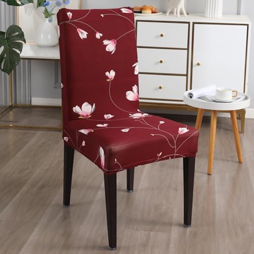 Outlay Home Printed Dining Chair Cover, Burgundy Floral Pattern, Stretchable Spandex, Pack of 4, Machine Washable (Maroon Leaf, Set of 4) - Image 2