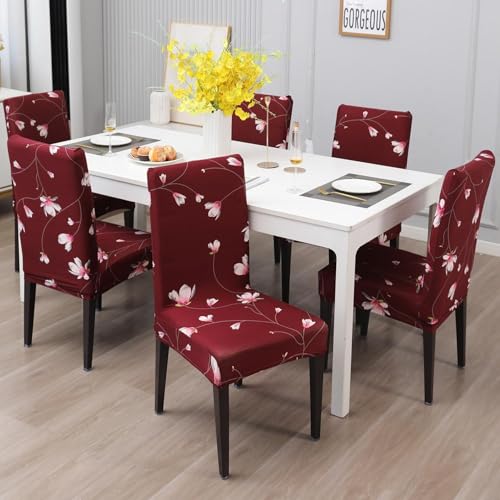 Outlay Home Printed Dining Chair Cover, Burgundy Floral Pattern, Stretchable Spandex, Pack of 4, Machine Washable (Maroon Leaf, Set of 4) - Image 1