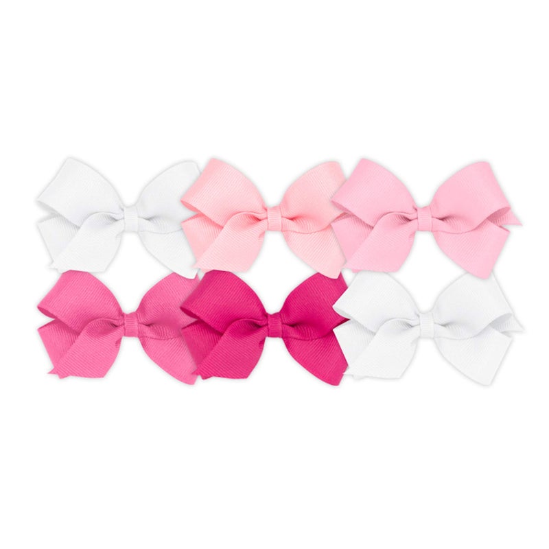 Wee Ones Girls' Mini Bow 6 pc Set Solid Grosgrain Variety Pack on a WeeStay Clip - White, Light Pink, Pearl, Hot Pink, Shocking Pink,One Size - Image 1