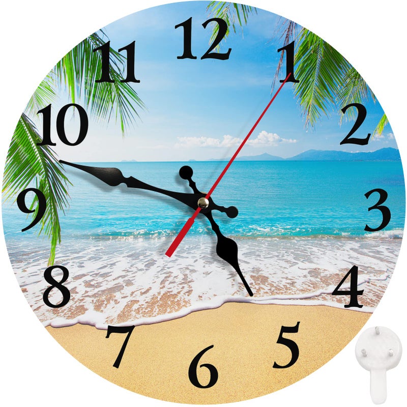 Britimes Round Wall Clock Silent NonTicking Battery Operated Clock 10 Inch Palm Tropical Beach Summer Tree Home Decor for Living Room Kitchen Bedroom and Office