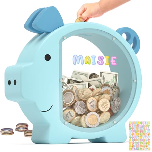 Summidate Wooden Piggy Bank for Boys Girls Kids Toddler Adults Large Unbreakable Bills Coin Change Money Saving Jar Children Personalized Gift Nursery Decor Blue Piggy Bank Stanard - Image 1