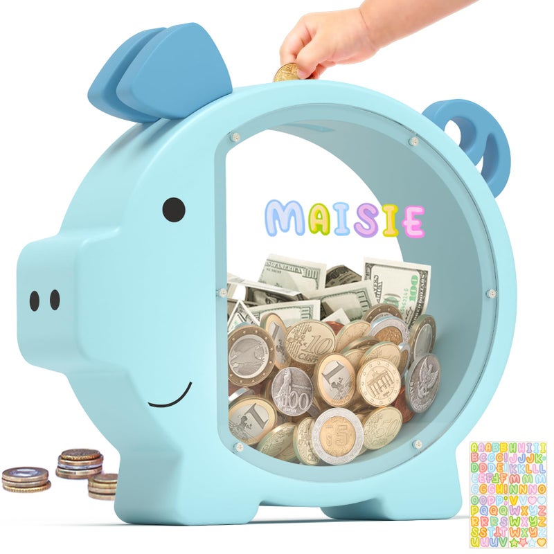 Summidate Wooden Piggy Bank for Boys Girls Kids Toddler Adults Large Unbreakable Bills Coin Change Money Saving Jar Children Personalized Gift Nursery Decor Blue Piggy Bank Stanard - Image 2