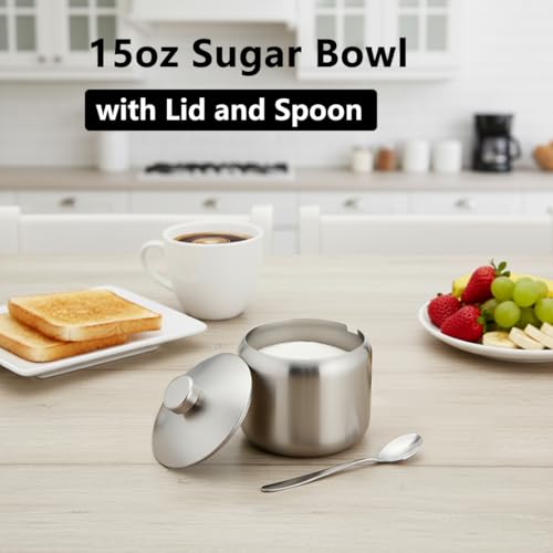 hiwafifi 15oz Sugar Bowl with Lid And Spoon Stainless Steel Sugar Creamer Container Round Sugar Jar Durable Sugar Pot for Coffee Bar Accessories Coffee Bar Decor Home and Kitchen Storage Silver - Image 3